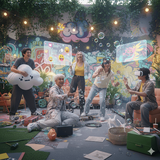 “Jóvenes Gen Z interactúan en un espacio urbano con grafitis, realidad virtual, emojis flotantes y burbujas. Ambiente lúdico y digital.”, imagen creada con Gemini (IA) el 11/09/2001 por Joaquín García, prompt: “gemi, crea una imagen lúdica que represente a la generación z, con jóvenes z y elementos que los caractericen, por favor”.