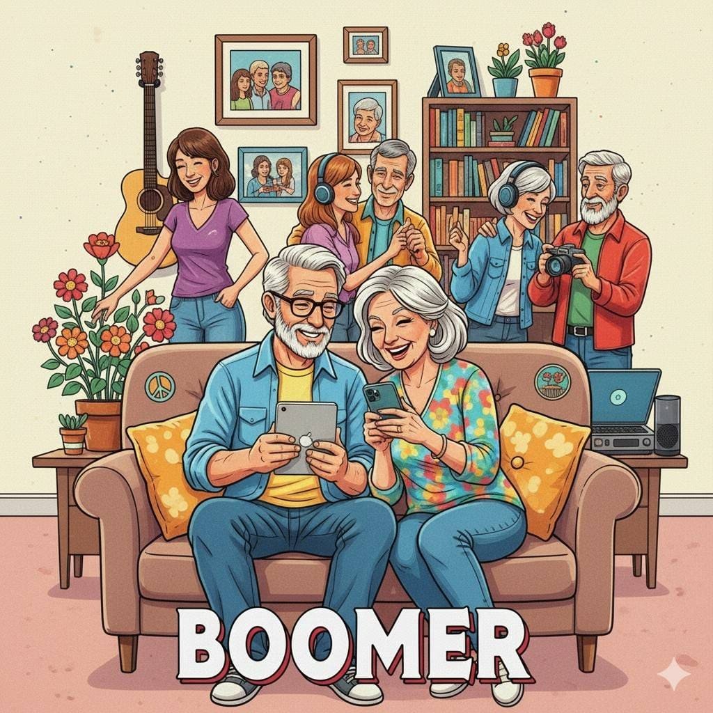 "Ilustración de estilo plano que representa a la Generación Boomer en la actualidad. Una pareja de edad avanzada sonríe sentada en un sofá, usando una tableta y un smartphone. Alrededor, otros boomers adultos mayores disfrutan de actividades como leer, escuchar música con auriculares, tocar la guitarra. Fotos familiares adornan la pared y hay plantas y una guitarra en la escena. La palabra 'BOOMER' está escrita en la parte inferior