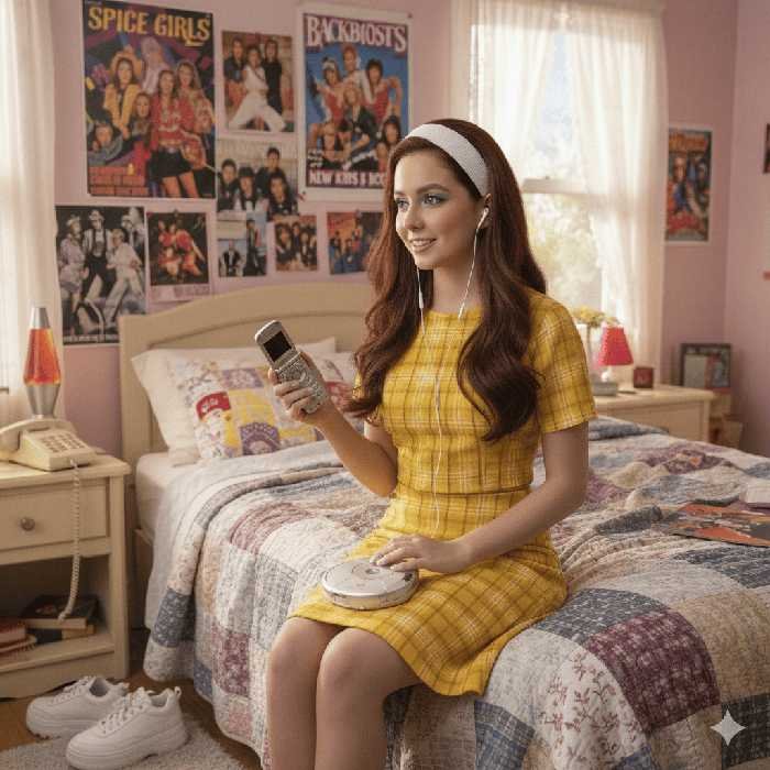 “Joven con vestido amarillo escuchando música con auriculares en una habitación decorada con pósters de los años 90”. Imagen creada con Gemini (IA) el 11/09/2025 por Lindzey Neira,
Prompt: Quiero una imagen de una chica que se vista con el conjunto iconico amarrillo de clueless, quiero que sea castaña y que esté en una pieza con una cama grande y que tenga posters de las spacegirls, los backstreet boys y los new kids on the block. En cuanto al maquillaje quiero que tenga un maquillaje noventero, con una sombra de color celeste y que se vea media natural, con gloss en los labios, su pelo tiene que estar suelto y tener cintillo de tela blanco y en la mano tener un telefono de conchita antiguo, tiene que tener un dicman y estar escuchando musica con audifonos chicos.
Tuve que pedirle que cambiara la cara porque al principio me daba caras como de desagrado