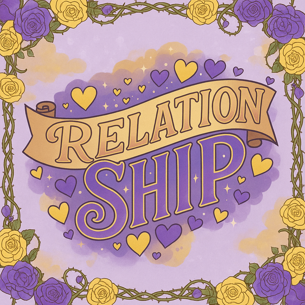 Ilustración digital con las palabras “Relation Ship” en letras grandes de color dorado y violeta, rodeadas de corazones y un marco de rosas amarillas y moradas sobre un fondo lavanda. Para contextualizar shipp Imagen creada por ChatGPT "crea una imagen que represente la palabra Relationship, arriba relation y abajo ship, de color amarillo y morado"