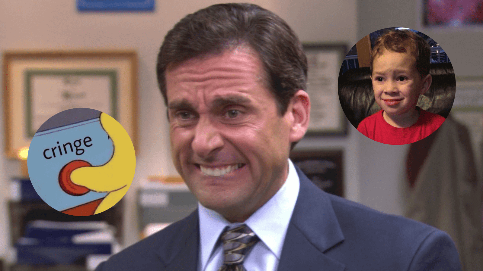 edit sobre el concepto cringe con michael scott, meme los simpson y niño con cara de verguenza ajena