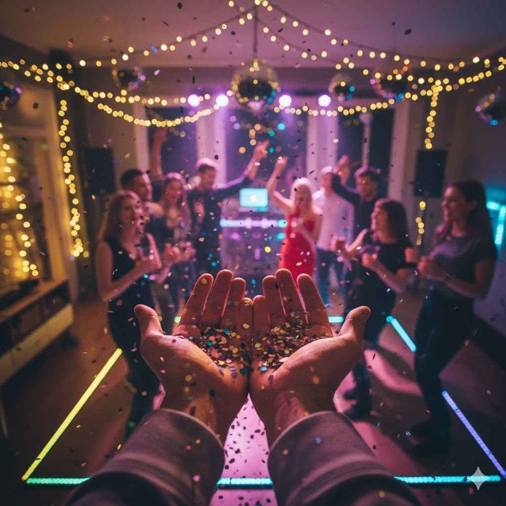 Persona observando confeti en sus manos en una fiesta. Ejemplo claro de qué es "POV".