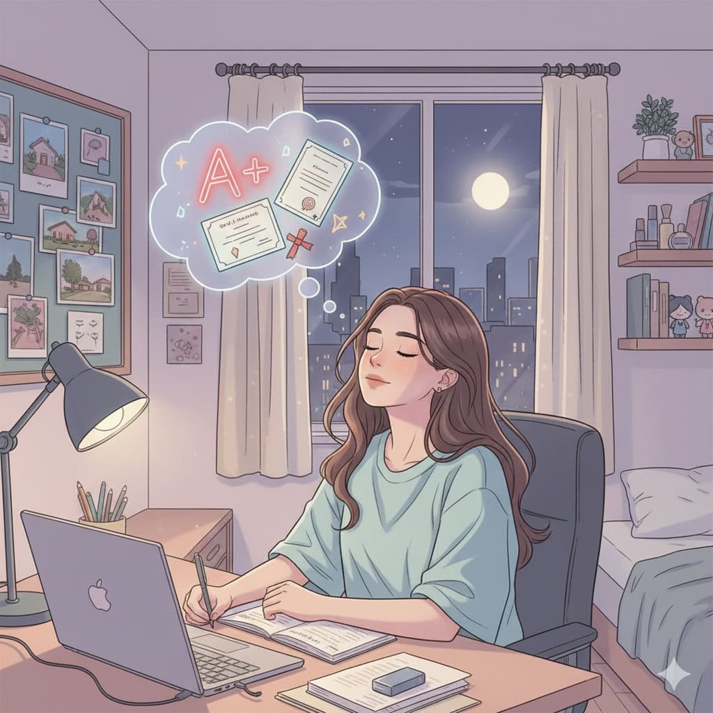 “Ilustración webtoon de una joven estudiante (Gen Z) en un escritorio por la noche, con polera celeste. Cierra los ojos y visualiza una nota A+ en un bocadillo de pensamiento, con un Vision Board y un estante lleno de objetos decorativos en el fondo de su acogedora habitación.”
Imagen creada con Gemini (IA) el 12/11/2025 por Lindzey Neira.
Prompt : Ilustración digital estilo webtoon, estética y delicada. Una estudiante (Gen Z) en un escritorio a altas horas de la noche con luz tenue, viste polera oversize celeste. En el escritorio: cuaderno, portátil y apuntes. Cierra los ojos imaginando una nota A+ (bocadillo de pensamiento). Fondo: Vision Board con fotos, estante con libros/maquillaje/figuritas, y una cama. Ambiente acogedor y onírico.
