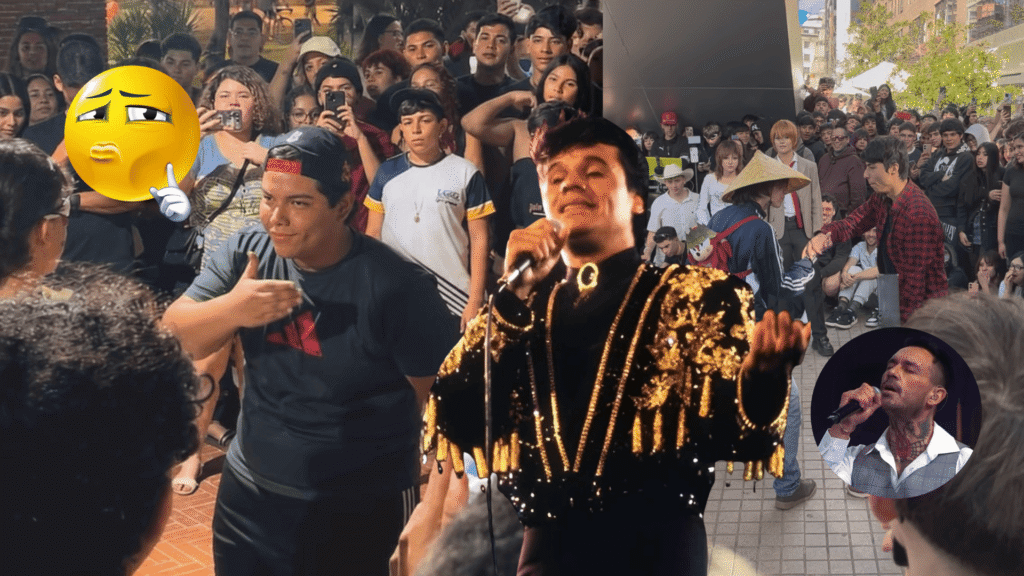 Montaje ilustrativo del término Aura: con el emoji de Mewing, un joven farmeando aura, Juan Gabriel, una Batalla de Aura en Santiago de Chile y Mauricio Pinilla.