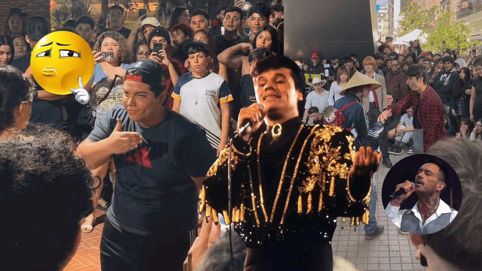 Montaje ilustrativo del término Aura: con el emoji de Mewing, un joven farmeando aura, Juan Gabriel, una Batalla de Aura en Santiago de Chile y Mauricio Pinilla.