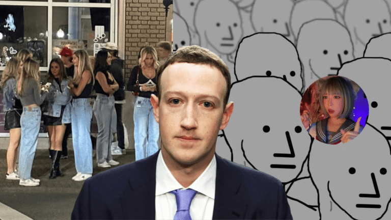 edit explicativo del concepto NPC, con chicas vestidas iguales, el meme NPC Wojak y Mark Zuckerberg