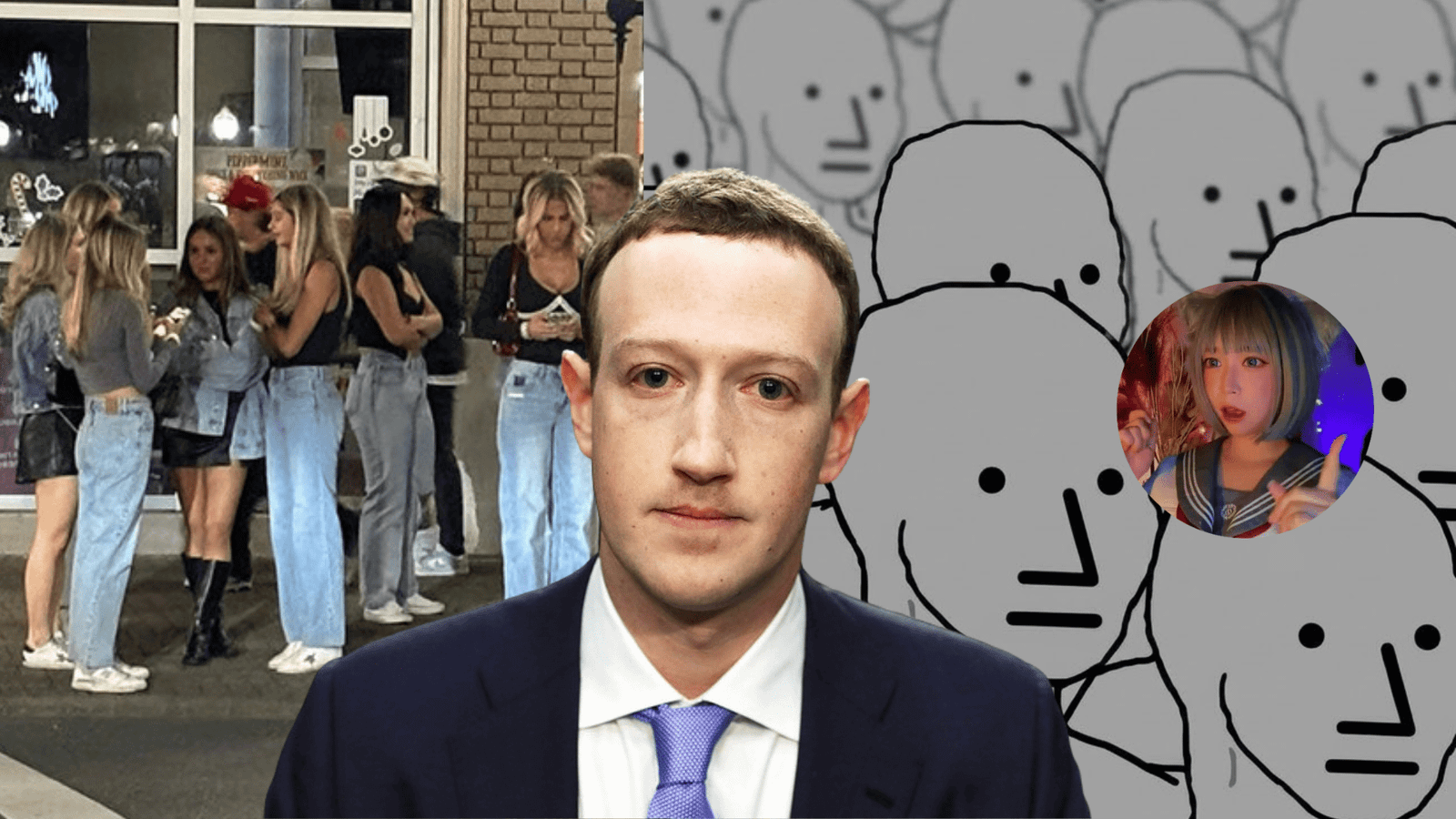 edit explicativo del concepto NPC, con chicas vestidas iguales, el meme NPC Wojak y Mark Zuckerberg